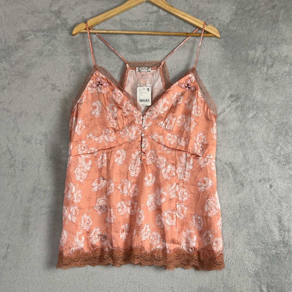 NEW Intimately Free People Cami Top Floral Lace Trim Large Boho Satin Large Y2K